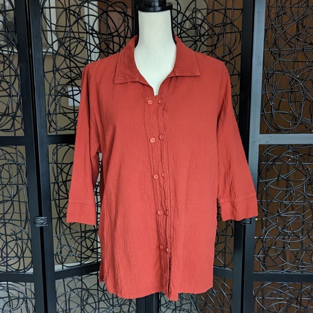 Focus Casual Life Size Medium Rust Color Button Front Tunic 3/4 Sleeves EUC
